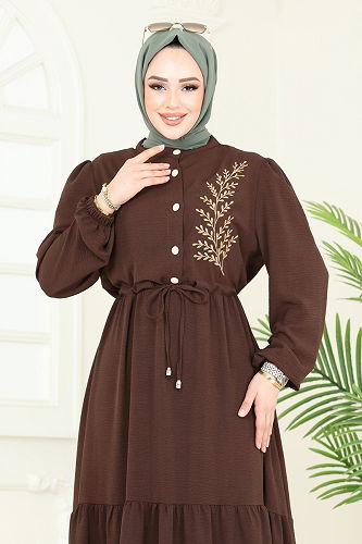 moda selvim Nakış Detaylı Aerobin Elbise PL9069 Kahve - Thumbnail