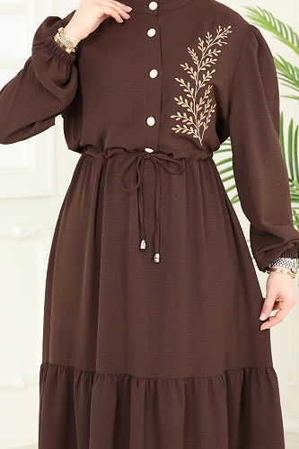 moda selvim Nakış Detaylı Aerobin Elbise PL9069 Kahve - Thumbnail