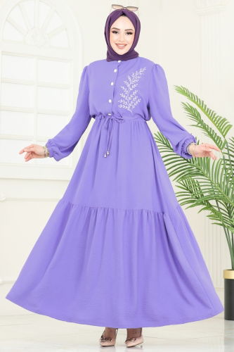moda selvim Nakış Detaylı Aerobin Elbise PL9069 Lila - Thumbnail
