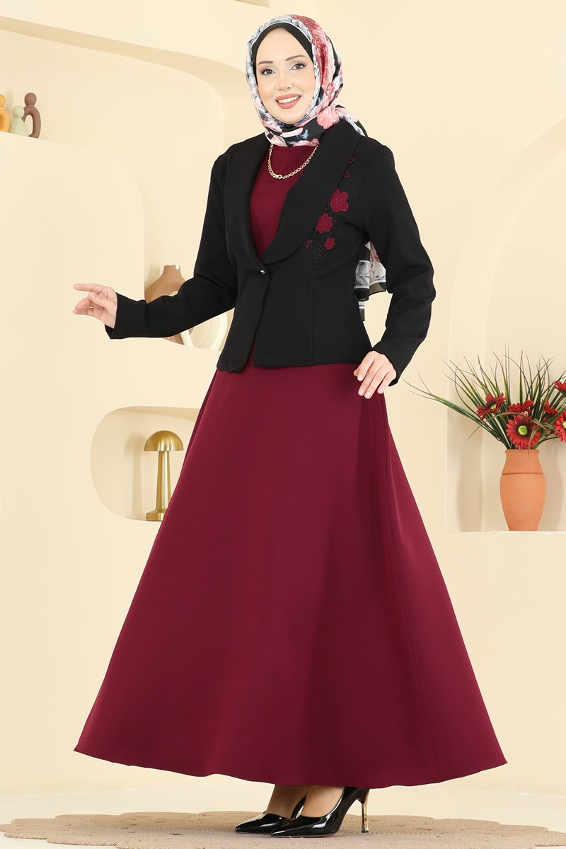 Nakış Detaylı Ceketli Takım 2828SL432 Bordo&Siyah
