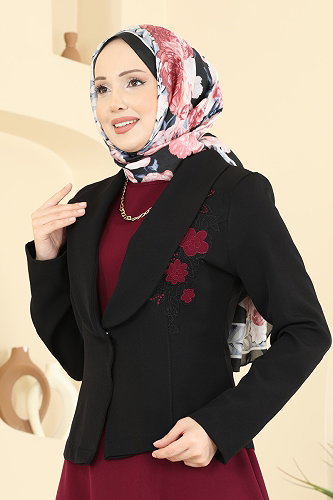 moda selvim Nakış Detaylı Ceketli Takım 2828SL432 Bordo&Siyah - Thumbnail