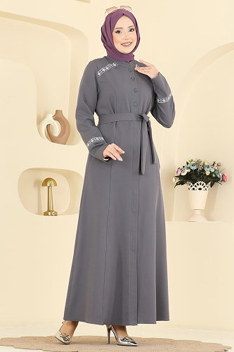 moda selvim Nakış Detaylı Dabıl Ferace PL9196 Antrasit - Thumbnail