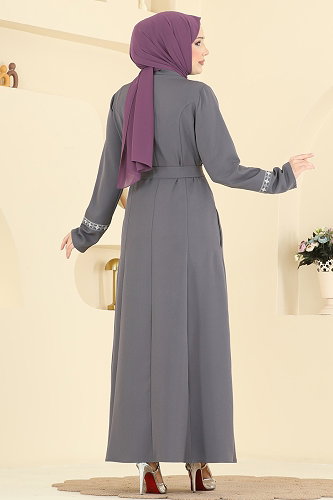 moda selvim Nakış Detaylı Dabıl Ferace PL9196 Antrasit - Thumbnail