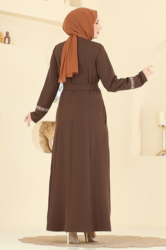 moda selvim Nakış Detaylı Dabıl Ferace PL9196 Kahve - Thumbnail