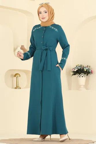 P.L. - Nakış Detaylı Dabıl Ferace PL9196 Petrol