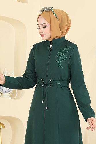 moda selvim Nakış Detaylı Dabıl Ferace PL9197 Zümrüt - Thumbnail