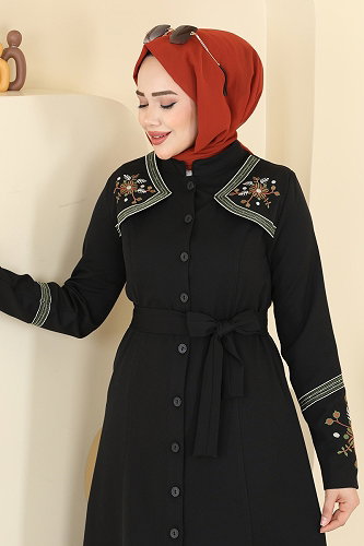 moda selvim Nakış Detaylı Elbise Ferace PL9211 Siyah - Thumbnail