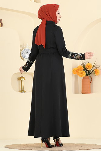 moda selvim Nakış Detaylı Elbise Ferace PL9211 Siyah - Thumbnail