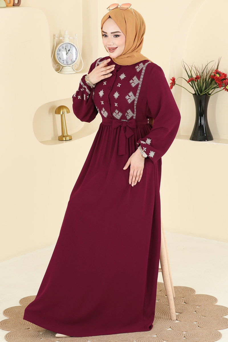 Nakış Detaylı İthal Krep Elbise 317ASN888 Bordo