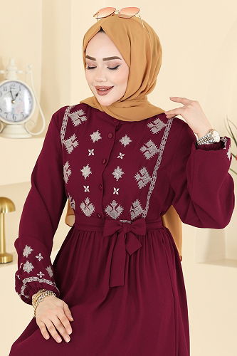 moda selvim Nakış Detaylı İthal Krep Elbise 317ASN888 Bordo - Thumbnail
