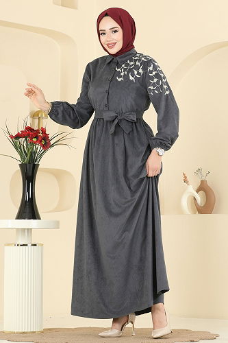 moda selvim Nakış Detaylı Kadife Elbise 312ASN888 Antrasit - Thumbnail