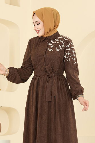 moda selvim Nakış Detaylı Kadife Elbise 312ASN888 Kahve - Thumbnail