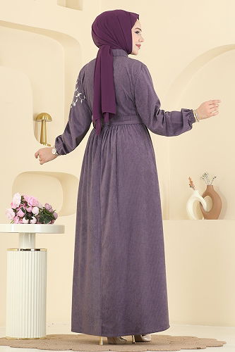 moda selvim Nakış Detaylı Kadife Elbise 312ASN888 Lila - Thumbnail