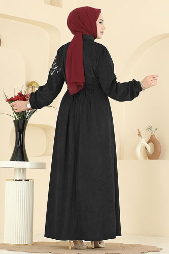 moda selvim Nakış Detaylı Kadife Elbise 312ASN888 Siyah - Thumbnail