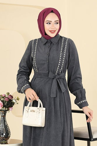 moda selvim Nakış Detaylı Kadife Elbise 313ASN888 Antrasit - Thumbnail