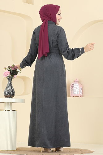 moda selvim Nakış Detaylı Kadife Elbise 313ASN888 Antrasit - Thumbnail