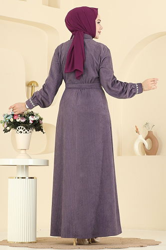 moda selvim Nakış Detaylı Kadife Elbise 313ASN888 Lila - Thumbnail