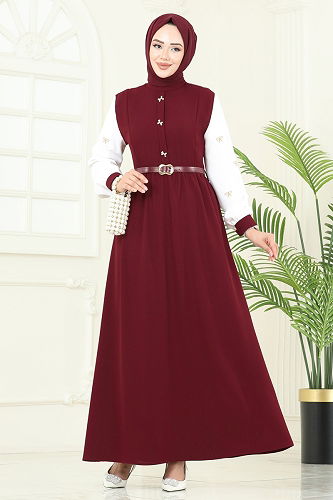 moda selvim Nakış Detaylı Krep Elbise 286ASN888 Bordo - Thumbnail