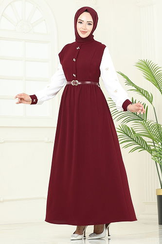 moda selvim Nakış Detaylı Krep Elbise 286ASN888 Bordo - Thumbnail