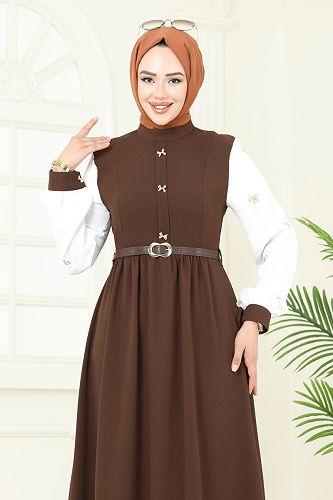 moda selvim Nakış Detaylı Krep Elbise 286ASN888 Kahve - Thumbnail