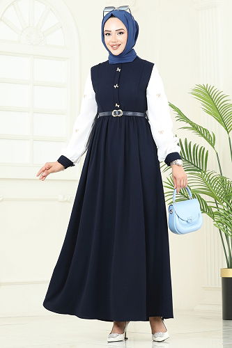 moda selvim Nakış Detaylı Krep Elbise 286ASN888 Laci - Thumbnail