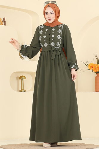 moda selvim Nakış Detaylı Krep Elbise 317ASN888 Haki - Thumbnail