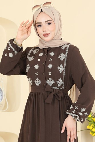 moda selvim Nakış Detaylı Krep Elbise 317ASN888 Kahve - Thumbnail