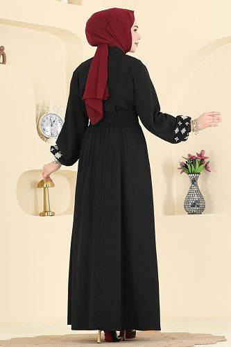 moda selvim Nakış Detaylı Krep Elbise 317ASN888 Siyah - Thumbnail