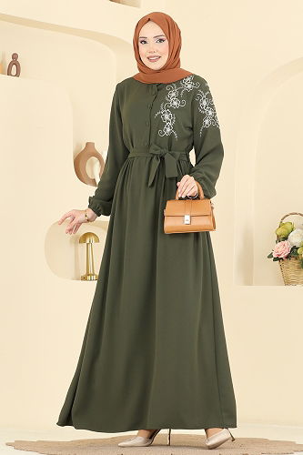 moda selvim Nakış Detaylı Krep Elbise 550ASN888 Haki - Thumbnail