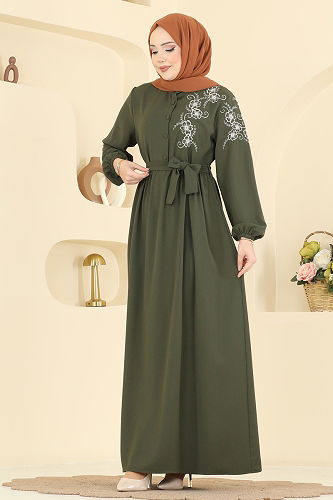 moda selvim Nakış Detaylı Krep Elbise 550ASN888 Haki - Thumbnail