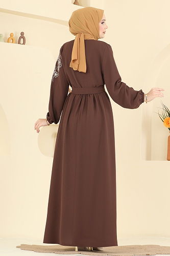 moda selvim Nakış Detaylı Krep Elbise 550ASN888 Kahve - Thumbnail