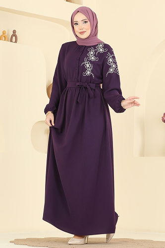 moda selvim Nakış Detaylı Krep Elbise 550ASN888 Mor - Thumbnail