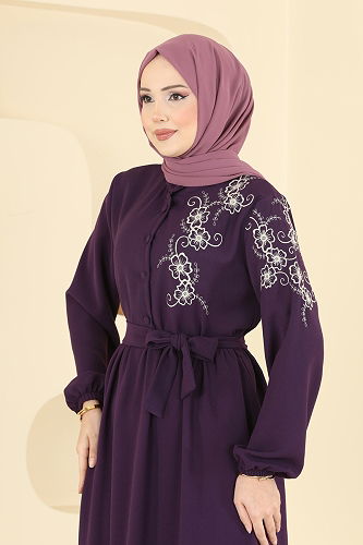 moda selvim Nakış Detaylı Krep Elbise 550ASN888 Mor - Thumbnail