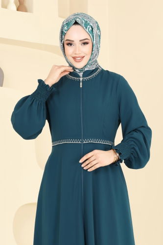moda selvim Nakış Detaylı Medine İpeği Ferace 2613SL432 Petrol - Thumbnail