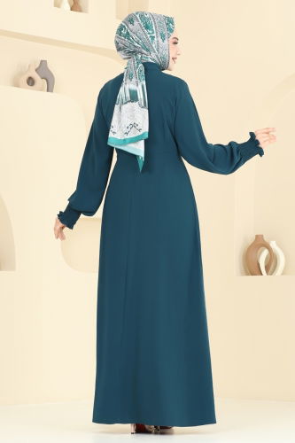 moda selvim Nakış Detaylı Medine İpeği Ferace 2613SL432 Petrol - Thumbnail