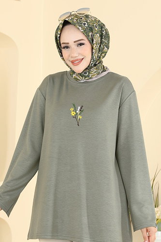 moda selvim Nakış Detaylı Modal Tunik 4575NFC1010 Çağla - Thumbnail