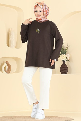 moda selvim Nakış Detaylı Modal Tunik 4575NFC1010 Kahve - Thumbnail