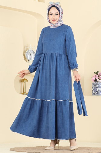 moda selvim Nakış Detaylı Sofia Elbise 3253HBS856 İndigo - Thumbnail