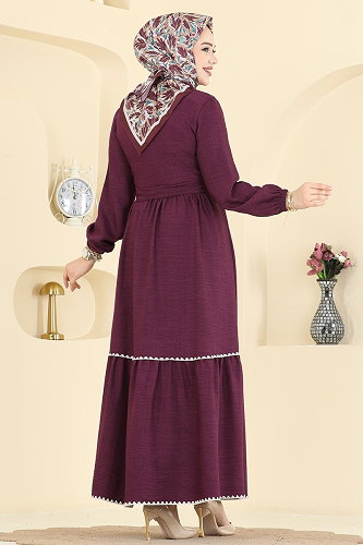 moda selvim Nakış Detaylı Sofia Elbise 3253HBS856 Mürdüm - Thumbnail