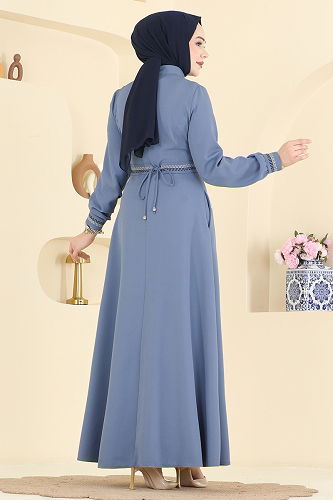 moda selvim Nakış Detaylı Tesettür Ferace 2801SL432 Mavi - Thumbnail