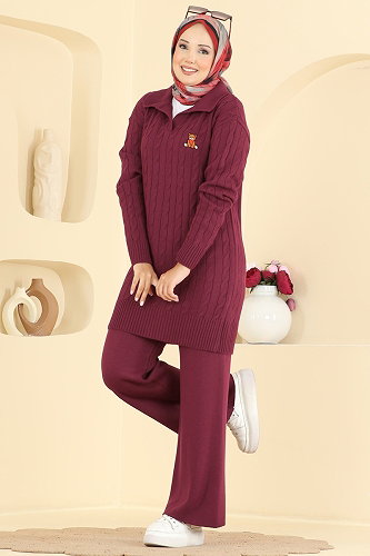 moda selvim Nakış Detaylı Triko Takım 2834AYD574 Bordo - Thumbnail