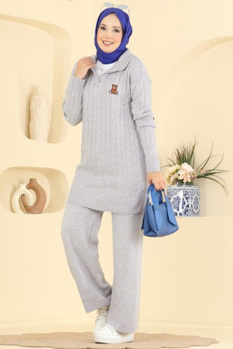 A.Y.D. - Nakış Detaylı Triko Takım 2834AYD574 Gri