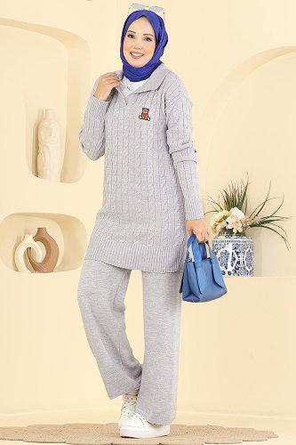 moda selvim Nakış Detaylı Triko Takım 2834AYD574 Gri - Thumbnail