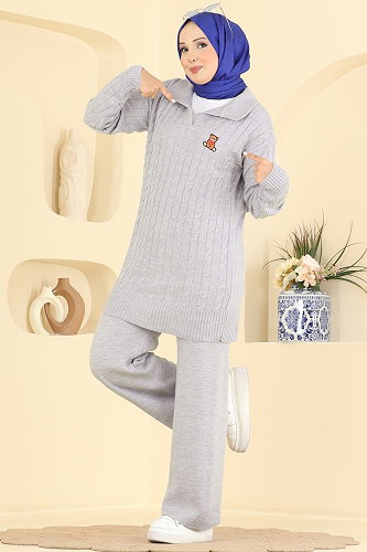 moda selvim Nakış Detaylı Triko Takım 2834AYD574 Gri - Thumbnail