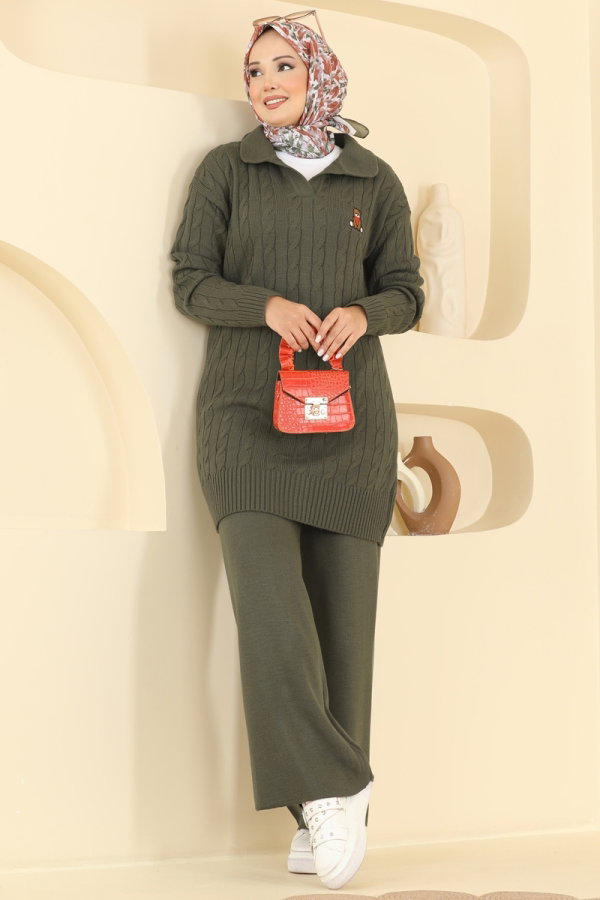 Modaselvim Kombin Nakış Detaylı Triko Takım 2834AYD574 Haki