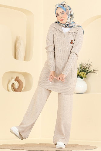 moda selvim Nakış Detaylı Triko Takım 2834AYD574 Taş - Thumbnail