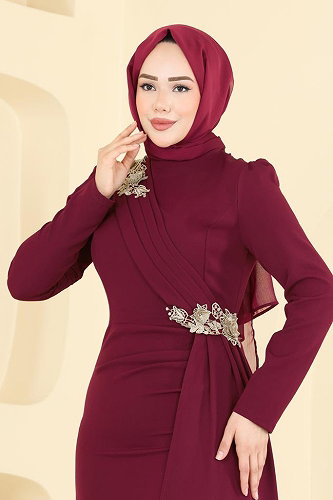 moda selvim Nakış İşlemeli Dabıl Abiye ASM2825 Bordo - Thumbnail