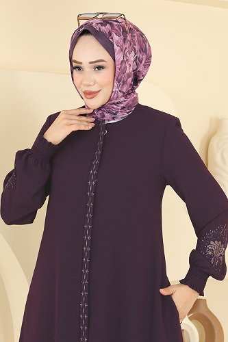 moda selvim Nakış İşlemeli Fermuarlı Ferace 2132OZT1013 Mürdüm - Thumbnail