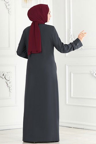 moda selvim Nakış İşlemeli Medine İpeği Ferace 25212PD194 Antrasit - Thumbnail