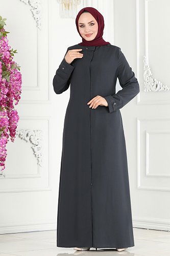 moda selvim Nakış İşlemeli Medine İpeği Ferace 25212PD194 Antrasit - Thumbnail